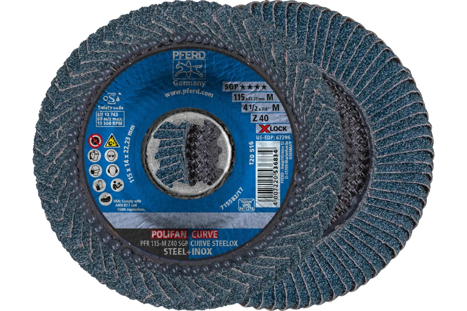 Picture of Pferd Flap Disc, 4-1/2", X-Lock, Z SGP Curve Steelox, 40 Grit, Medium Radius, Zirconia